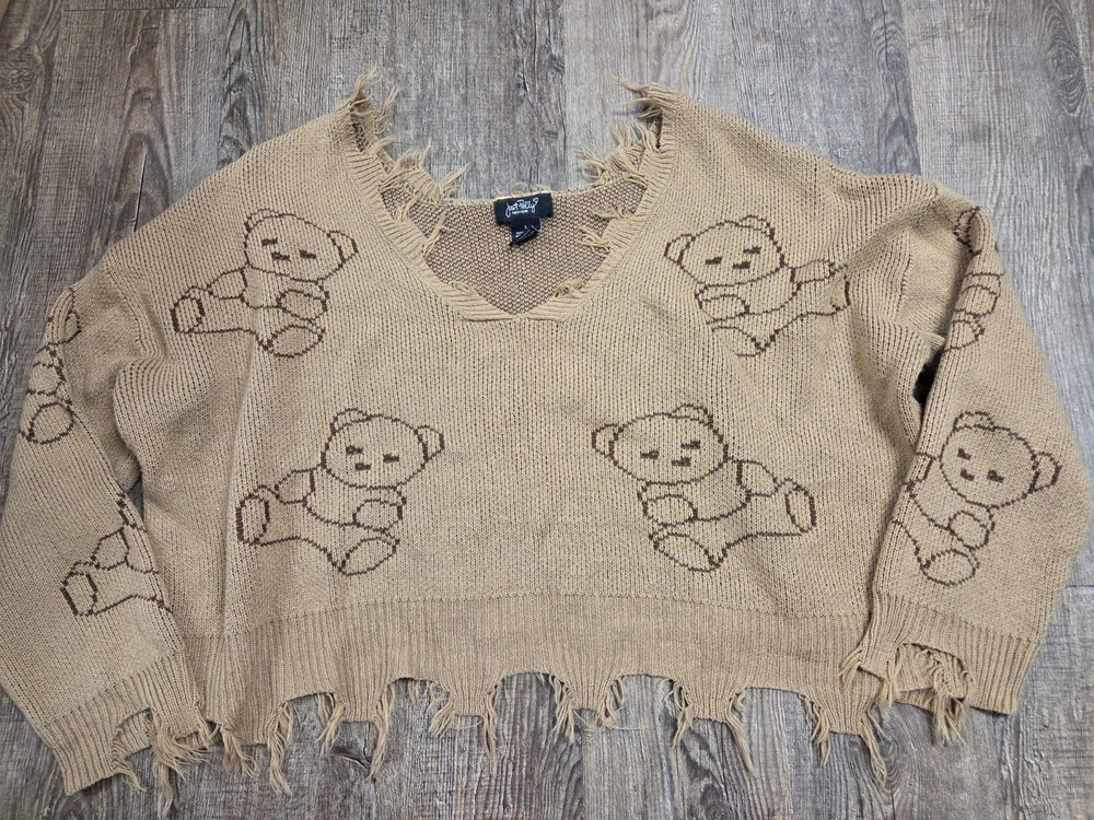 Just Polly Beige Brown Fringed Teddy Bear Cropped Pullover Sweater Women's Large